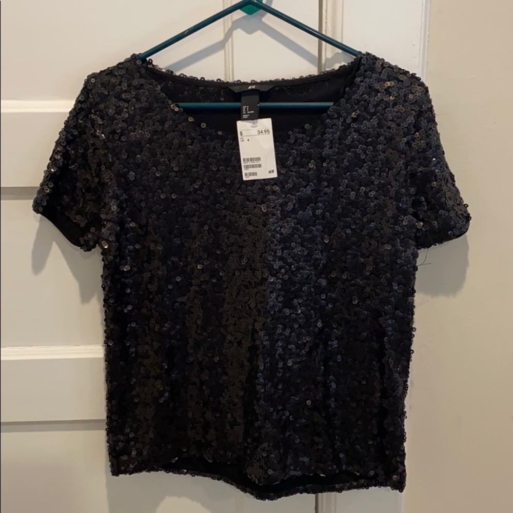H&M black sequin short sleeve top, NWT, S